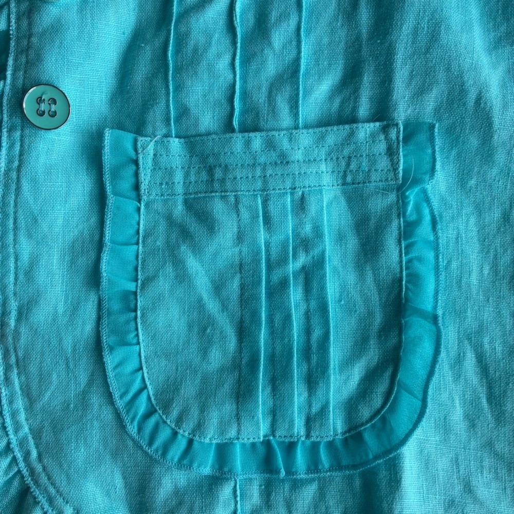 Open Coastal Grandma Open Front Linen Jacket PLg Turquoise Cottagecore BohoChic - Picture 5 of 11